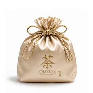 embroidered satin tea gift bag with drawstring closure