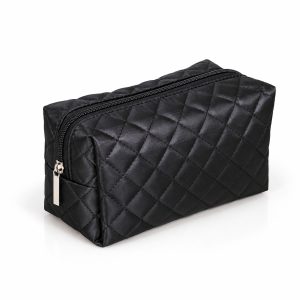 Black quilted satin cosmetic bag with soft cotton lining and custom embroidered logo for luxury beauty brands and wholesale packaging.