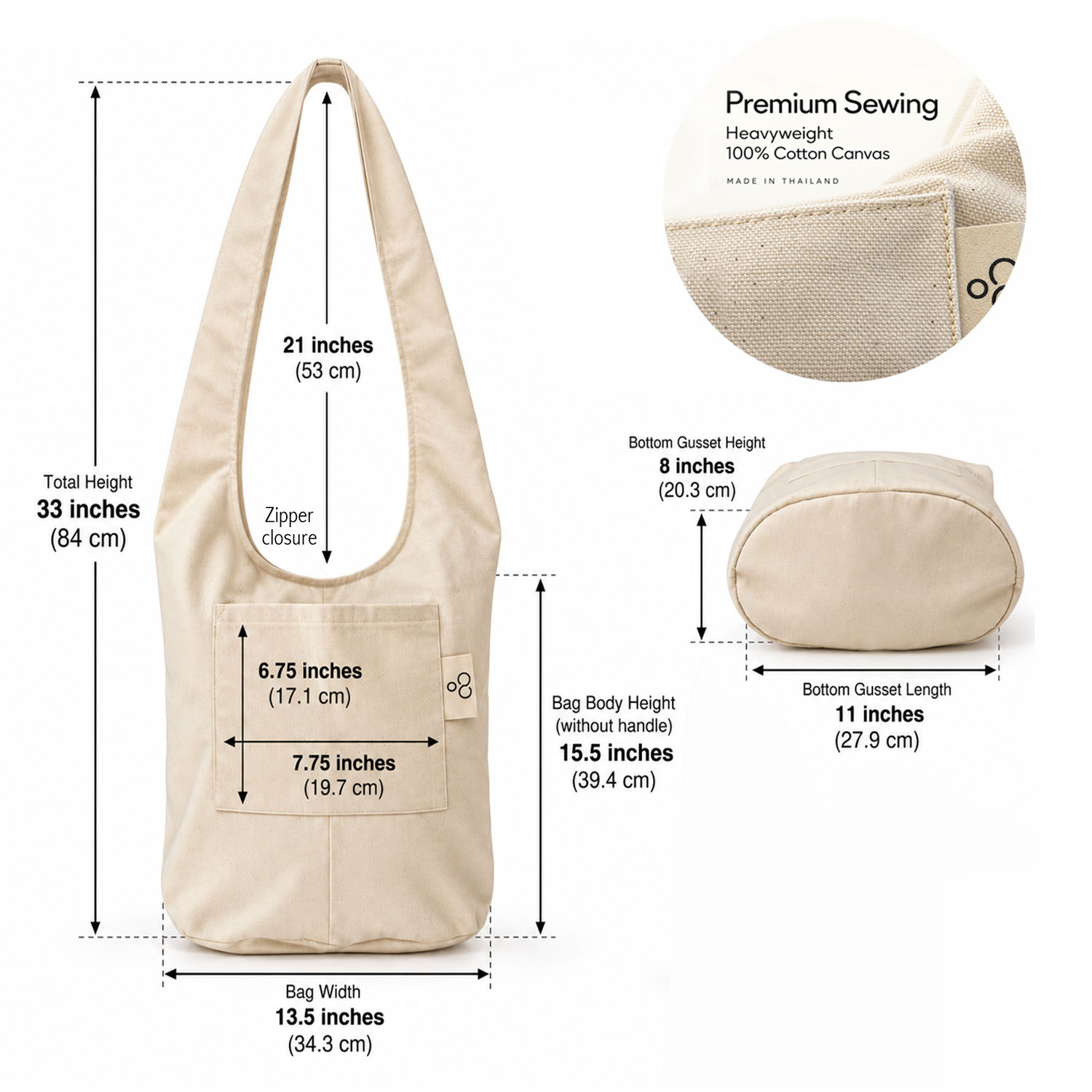 Cotton canvas hobo bag size guide showing bag body, front pocket and oval bottom dimensions