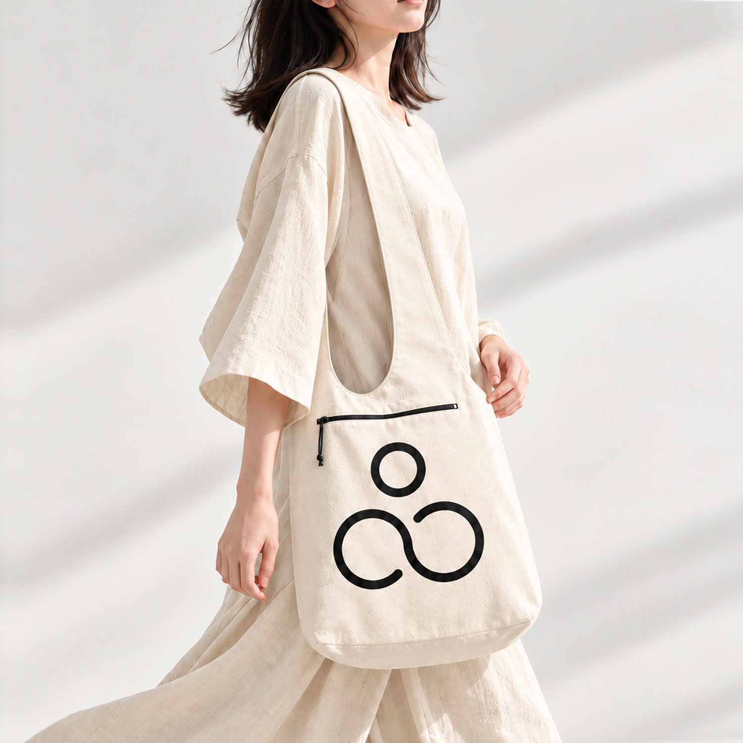 Natural heavyweight cotton canvas hobo bag with front pocket and minimalist cotton logo label