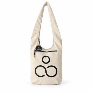 Balance of Life canvas hobo bag with large printed logo and rear zippered pocket