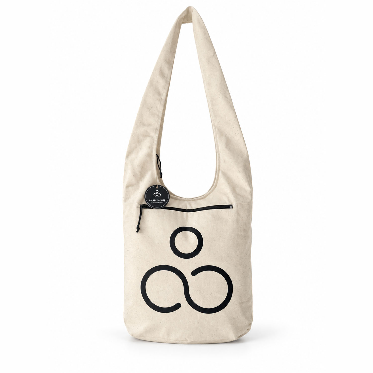 Balance of Life canvas hobo bag with large printed logo and rear zippered pocket
