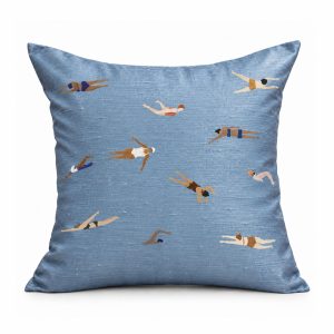 Dusty blue Thai raw silk cushion cover with modern artwork of women swimming in a lake