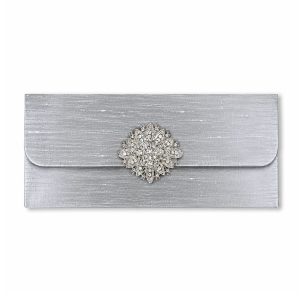 Luxury silver Dupioni silk Eid Mubarak money envelope with sparkling rhinestone brooch, handmade in Thailand