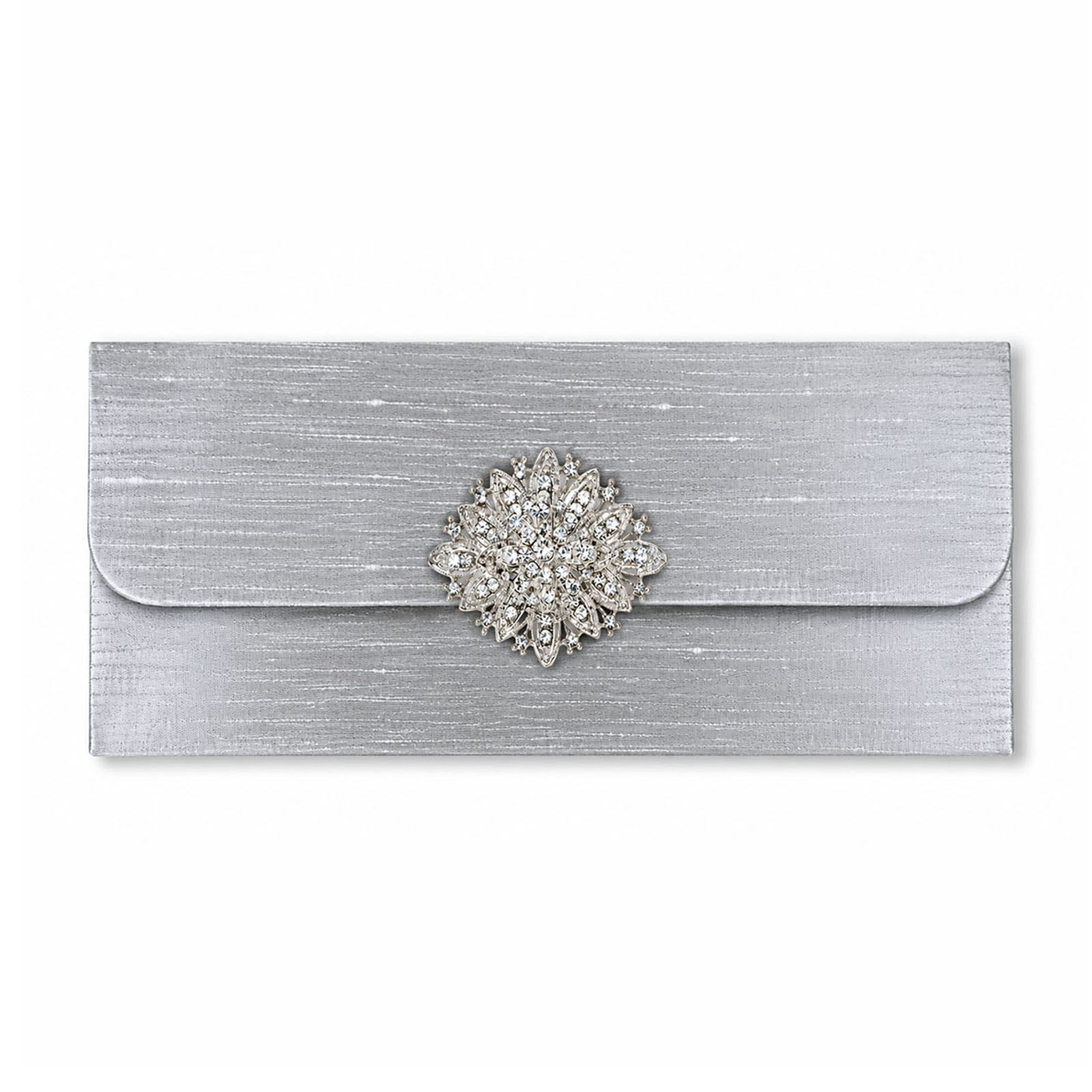 Luxury silver Dupioni silk Eid Mubarak money envelope with sparkling rhinestone brooch, handmade in Thailand